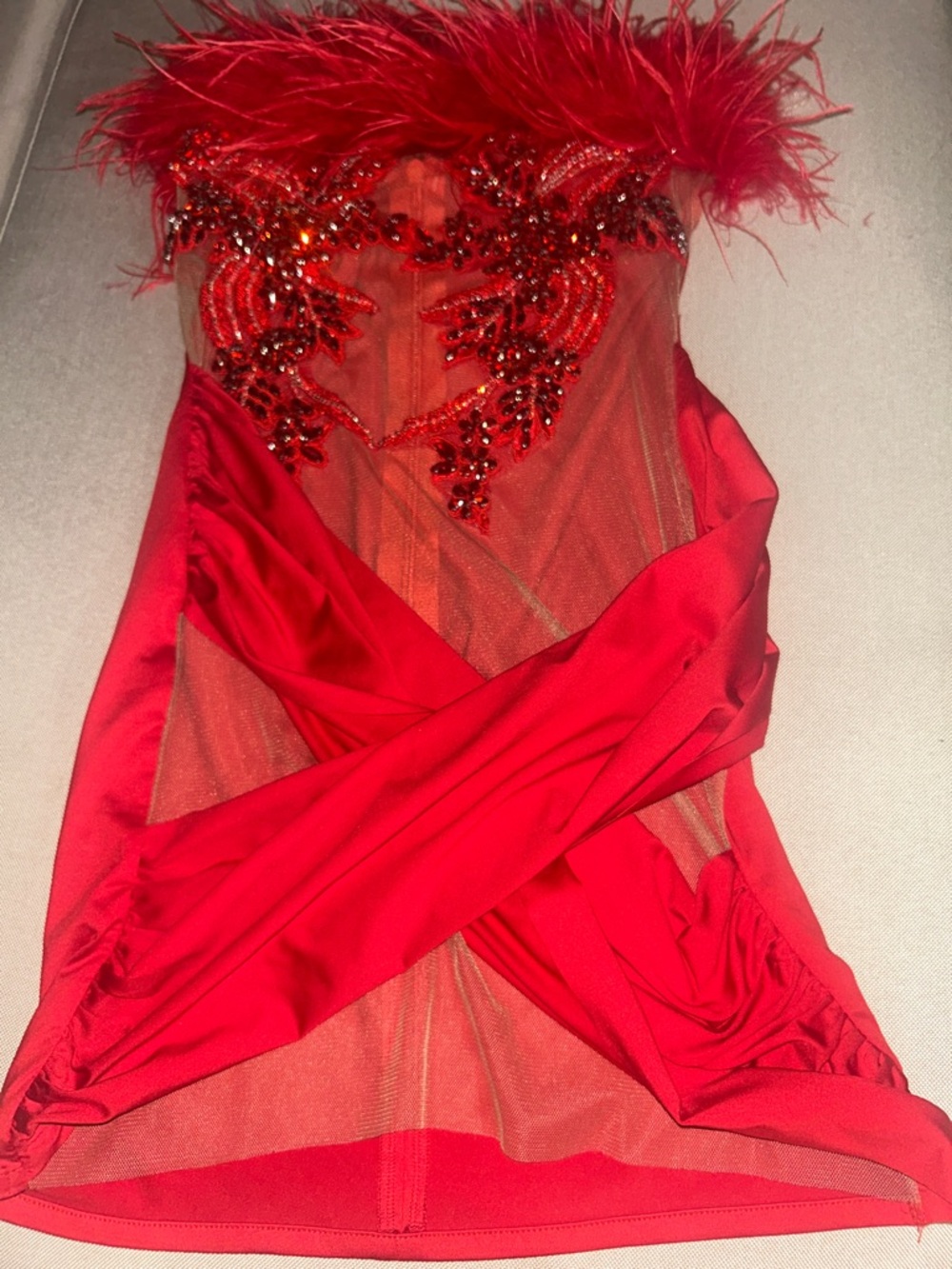 Strapless Red Feather & Rhinestone Mini Dress - Picture 3 of 4